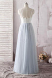 Simple A Line Spaghetti Straps Gray Sweetheart Ivory Lace Blue Tulle Prom Dresses JS608