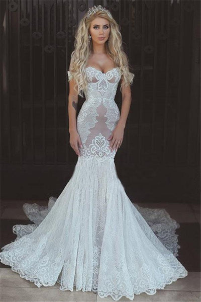 Buy Mermaid Ivory Spaghetti Straps V Neck Wedding Dresses Lace Satin Bridal  Dresses JS661 Online – jolilis