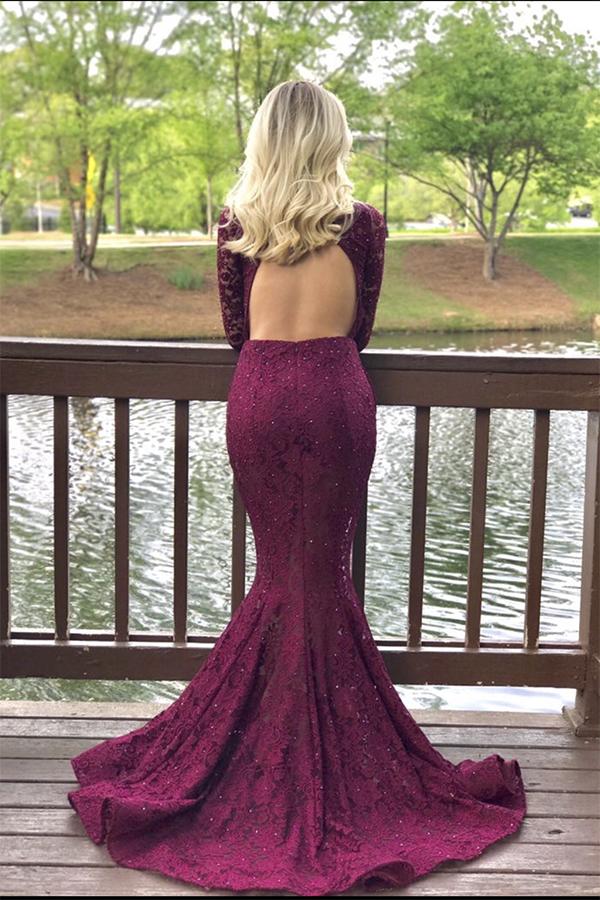 Charming High Neck Burgundy Long Sleeve Lace Mermaid Open Back Prom Dresses JS482