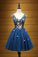 Cute A Line Navy Blue V Neck Short Prom Dresses Flower Lace up Homecoming Dresses JS957