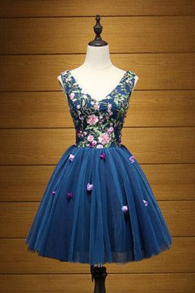Cute A Line Navy Blue V Neck Short Prom Dresses Flower Lace up Homecoming Dresses JS957