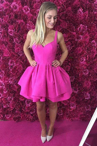 Ball Gown Scoop Eyelet Lace up Fuchsia Short Prom Dress Satin Cute Mini Homecoming Dress JS700