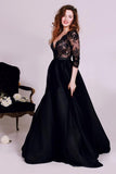 New Style Black 3/4 Sleeves Lace Satin V-Neck A-Line Floor-Length Evening Dresses UK JS282