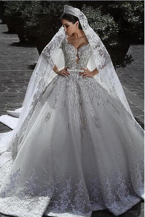 Buy Sexy Ball Gown Sweetheart Long Sleeve Lace Appliques Tulle Long ...