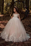 Cute Tulle Scoop Ball Gown Lace Appliques Beads Cap Sleeve Pink Flower Girl Dresses JS298