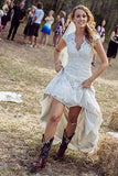 A Line V Neck Vintage High Low Capped Sleeves Lace Appliques Wedding Dresses uk PW332
