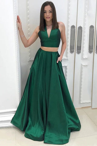 A Line Two Piece Satin V-neck Green Princess Floor-length with Pockets Prom Dresses JS619