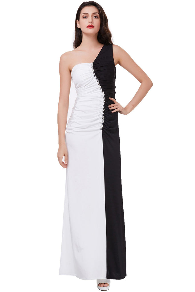 Mermaid Long Black and White Floor Length One Shoulder Beads Ruffles Prom Dresses uk PW265