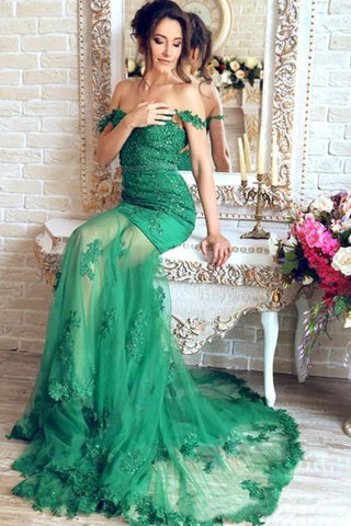 Gorgeous Green Mermaid V-Neck Lace Applique Sequins Beaded Tulle Prom Dresses JS131