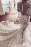 Illusion Neckline Lace Appliques Mermaid Long Sleeves Court Train Ivory Wedding Dresses JS846