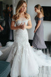 Sheath Off the Shoulder Court Train Ivory Tulle Wedding Dresses with Lace Appliques JS203