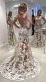 Elegant Lace Sheer Ivory V-Neck Appliques Sleeveless Mermaid Backless Wedding Dresses JS307