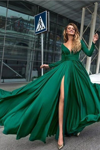 Flowy Long Front Split Green Chiffon Backless Elegant Long Sleeve Prom Dresses JS104