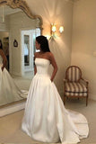 Strapless Simple Ivory Satin A Line Pleated Wedding Dresses With Court Train Bridal Dresses