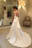 New Arrival Simple A Line V-Back Wedding Dresses With Bow Knot