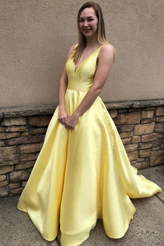 Princess A Line Deep V Neck Yellow Long Satin Backless Evening Dresses Prom Dresses JS962