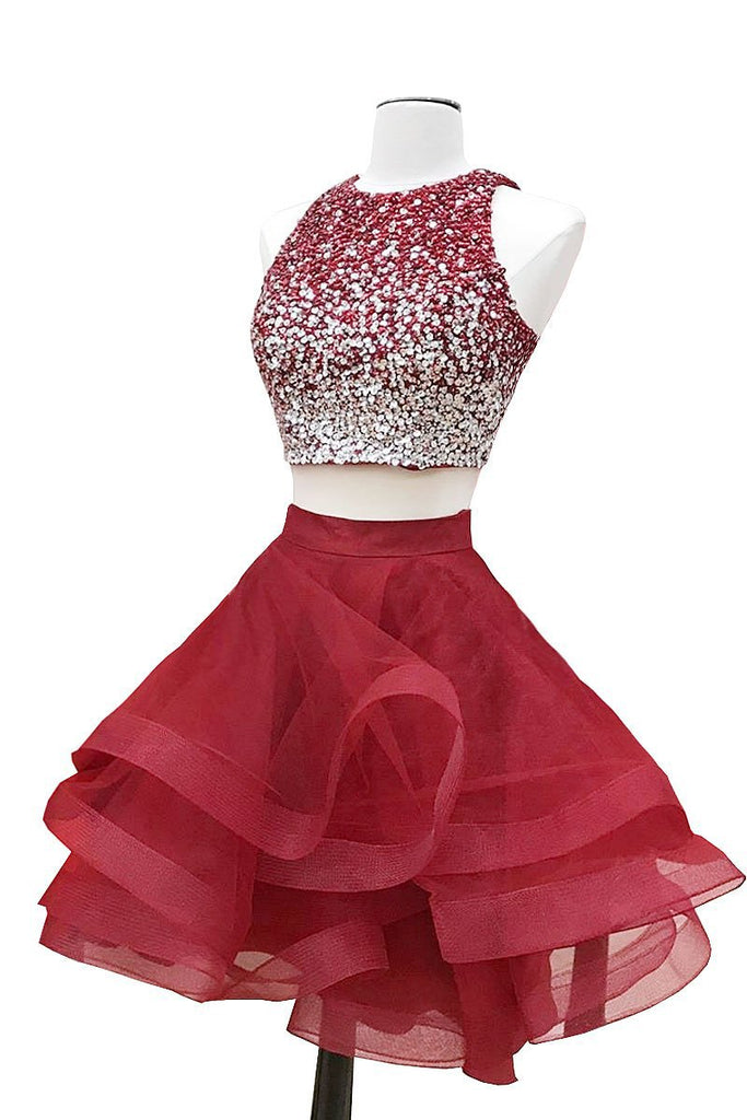 A-line Halter Sleeveless Sweetheart Organza Burgundy Short Prom Dresses Homecoming Dress JS664