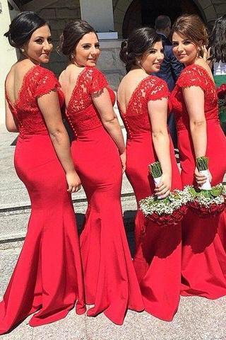 Red Button Backless Mermaid Cap Sleeves V-neck Long Lace Bridesmaid Dresses