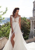 A-Line Top Lace Appliques Side Slit Chiffon Cap Sleeves Cheap Wedding Dress