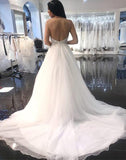 Elegant A Line Spaghetti Straps Backless V Neck Organza Wedding Dress with Beads JS229