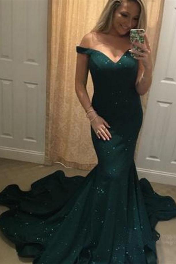 2023 Charming Off-the-Shoulder Green Mermaid Sweetheart Beads Prom Dresses UK JS382