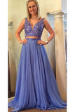 Elegant A Line Two Piece Blue V-Neck Beads Chiffon Evening Prom Dresses JS790