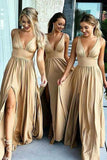 Elegant A-Line V-Neck Elastic Satin Backless Ruffles Sleeveless Bridesmaid Dress with Split JS757
