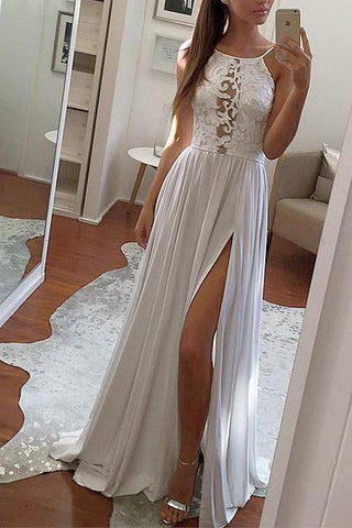 Elegant Sexy Simple Lace Chiffon Long White Halter with Slit Prom Dresses JS788