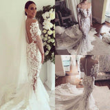 Illusion Neckline Lace Appliques Mermaid Long Sleeves Court Train Ivory Wedding Dresses JS846