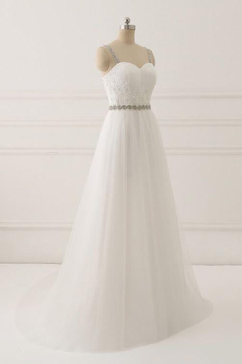 A Line White Spaghetti Straps Tulle Beads Appliques Sweetheart Zipper Prom Dresses JS597