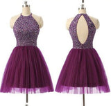 Purple Halter A-line Scoop Beaded Sleeveless Backless Short Homecoming Dresses
