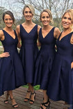 Elegant A-Line V-Neck Sleeveless Hi-Low Navy Blue Satin Bridesmaid Dress JS92