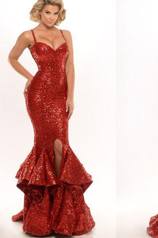 Spaghetti Straps Red Sequin Long Mermaid Front Slit Sparkle Long Prom Dresses JS520