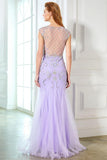 Elegant Mermaid Lavender Scoop Cap Sleeve Beads Tulle Yarn Floor-Length Prom Dresses JS220