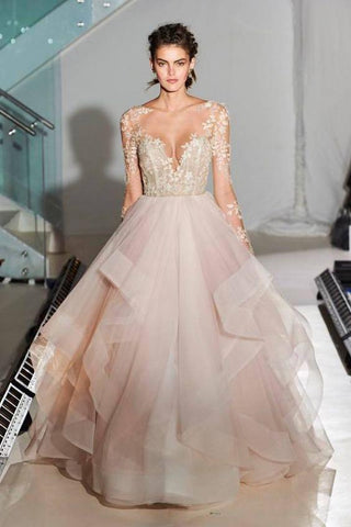 Fashion Ball Gown Lace Sheer Illusion Tulle Backless Long Asymmetrical Wedding Dress JS409