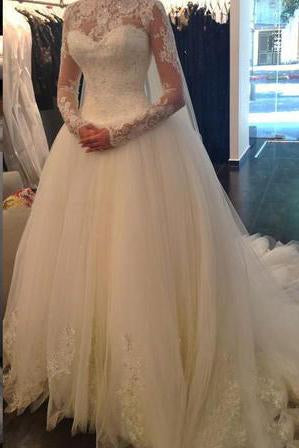 Sexy Lace Long Sleeves Backless A-Line High Neck Tulle Applique Beaded Bridal Gowns JS389