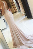 Sheath V Neck Pearl Pink Backless Beads Slit Satin Mermaid Sleeveless Prom Dresses JS22