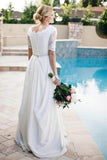 A Line Half Sleeve Ivory Lace with Satin Round Neck Beads Button Cheap Wedding Dresses JS146