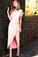 A-Line Sheath Pink Off-the-shoulder Silk-like Satin Tea-length Bow Prom Dresses UK JS487