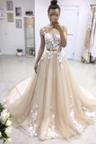 A-line Tulle Scoop White Lace Appliqued Gold Sash Short Sleeves Chapel Train Prom Dresses JS154
