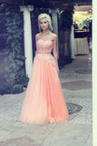 A-Line Strapless Lace Appliqued Floor-length Blush Pink Beaded Tulle Prom Dresses JS313