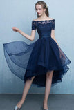 Dark Blue Lace Tulle Short Sleeve High Low Round Neck A-Line Short Prom Dresses JS408