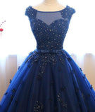 Dark Blue Tulle Lace Beads Ball Gown Open Back Sweet 16 Dress Quinceanera Dresses JS808