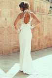 Long Sleeve Mermaid High Neck Lace Appliques Open Back Ivory Long Wedding Dresses JS145