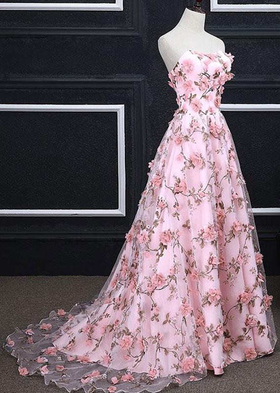 A Line Sweetheart Strapless Sweep Train Floral Print Long Prom Dresses With Flowers