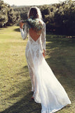 Ivory Sheath Brush Train Long Sleeve Backless Lace Wedding Dress Wedding Gown
