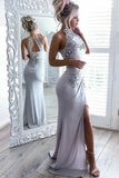 Mermaid High Neck Open Back Elastic Satin Long Grey Prom Dress with Appliques JS656