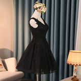 Black V Neck Cute A-Line Appliques Sleeveless Tulle Lace Beading Short Homecoming Dress JS189