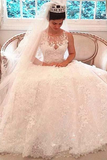 A Line Luxury Illusion Lace Scoop Wedding Gowns Ivory Cheap Wedding Dresses JS296