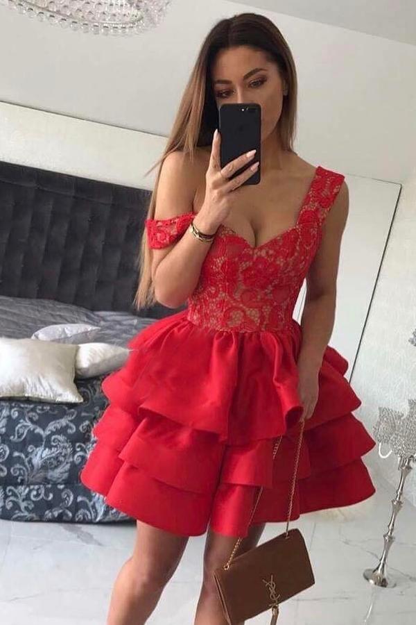 A-Line Straps Short Red Satin Sweetheart Sleeveless Cute Graduation Homecoming Dress JS230